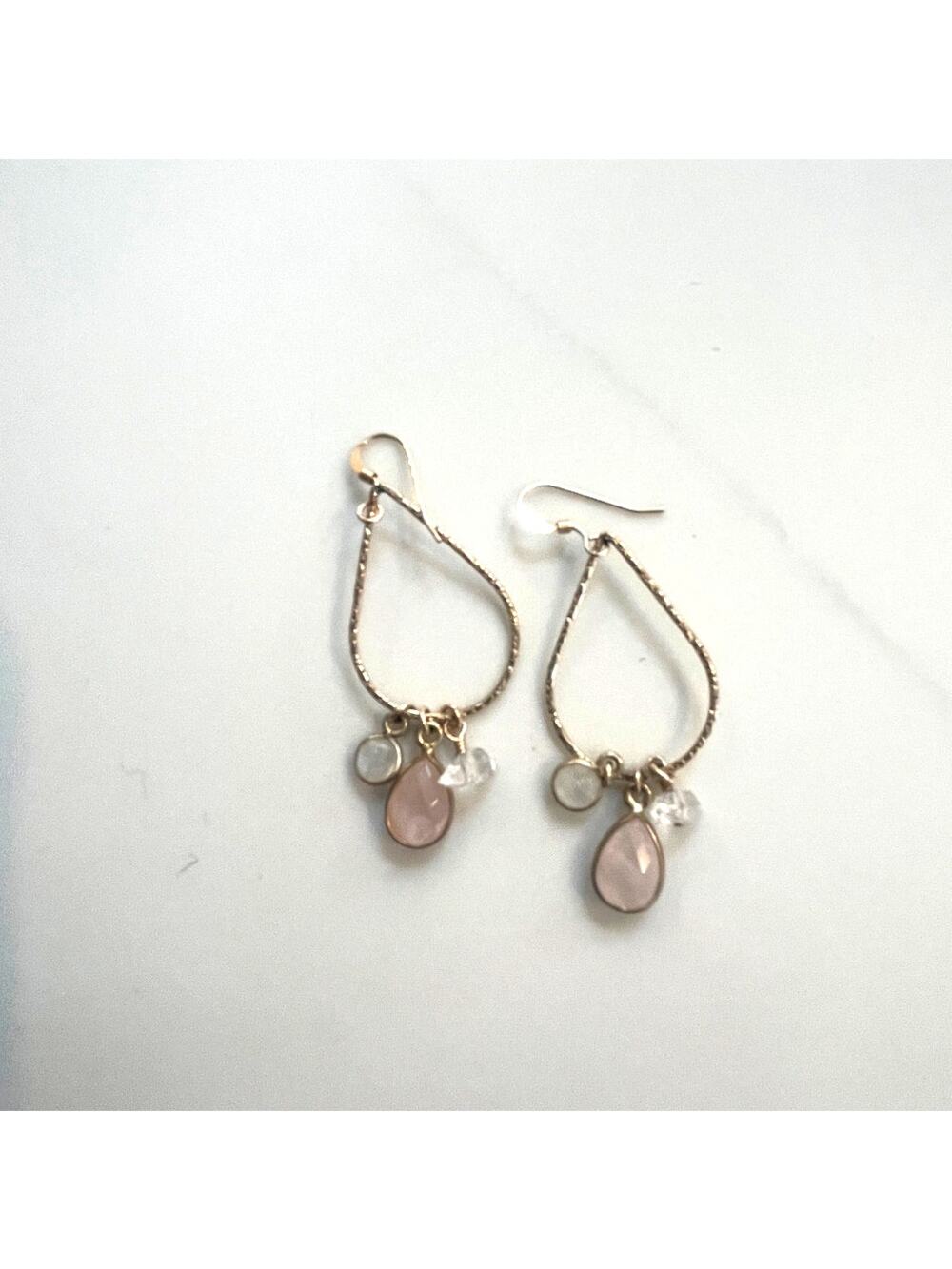 Teardrop Wire-wrapped Goldtone &  Pink Rose Quartz Drop Earrings‎